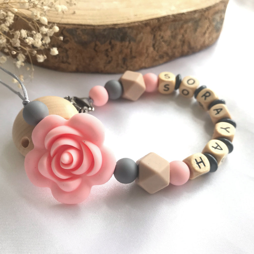 Personalized Wooden Pacifier Clip – Silicone Rose Baby Gift