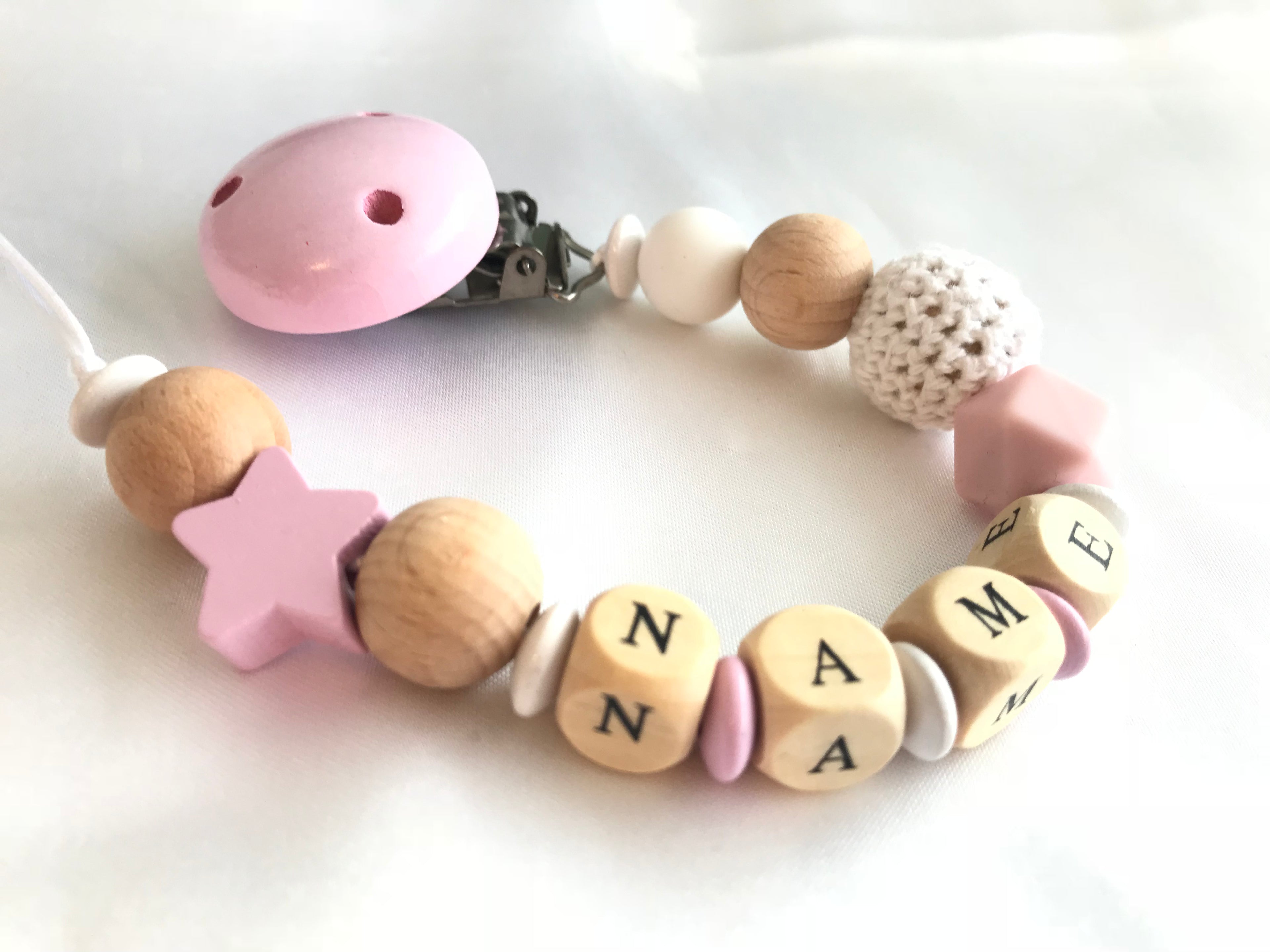 Personalised Wooden Dummy Clip – Pink Star&nbsp; Chain for Babies