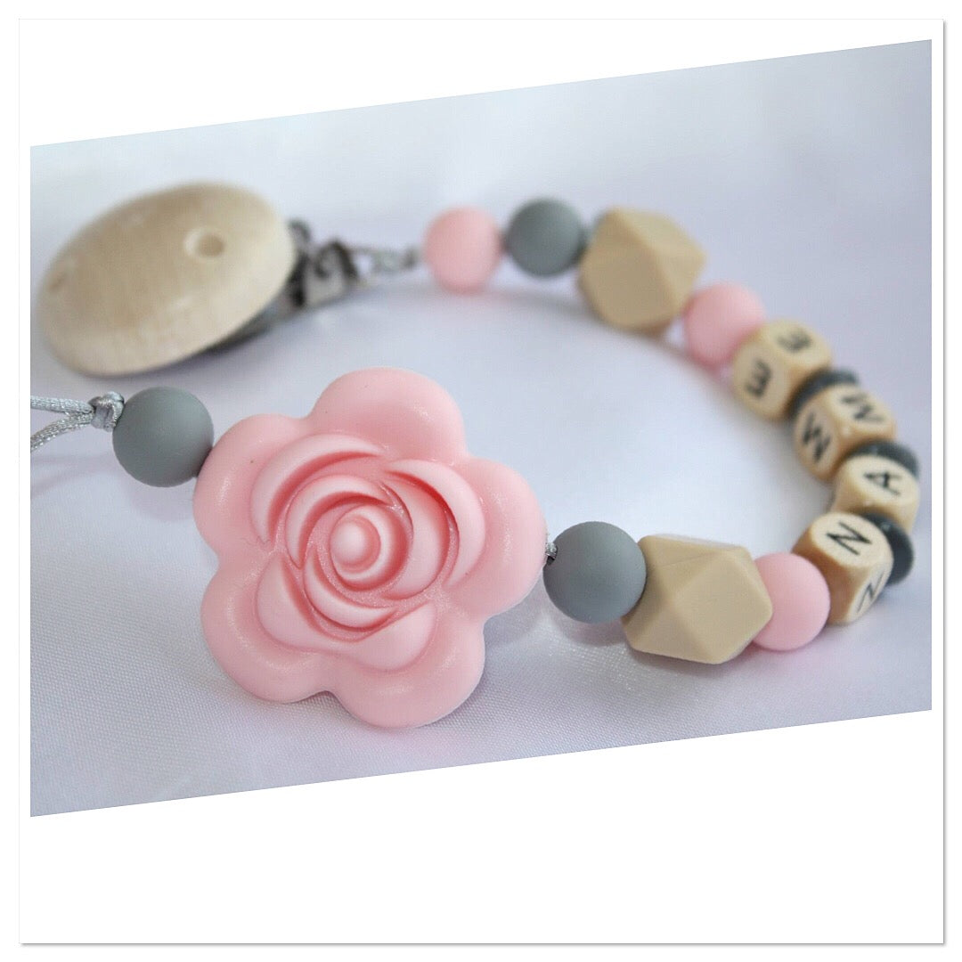 Personalized Wooden Pacifier Clip – Silicone Rose Baby Gift