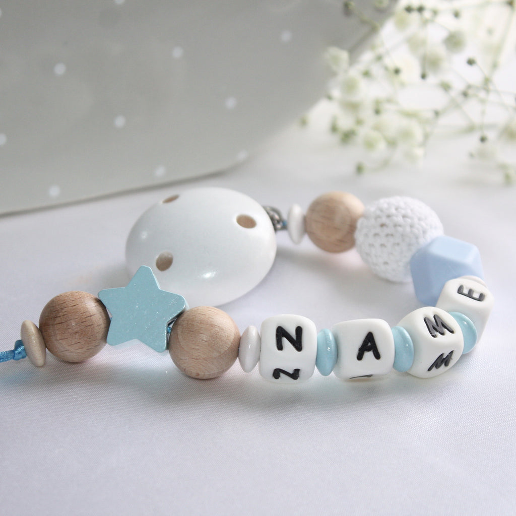 Personalized Wooden Pacifier Clip – Blue Star Baby Gift , Silicone Dummy Clip