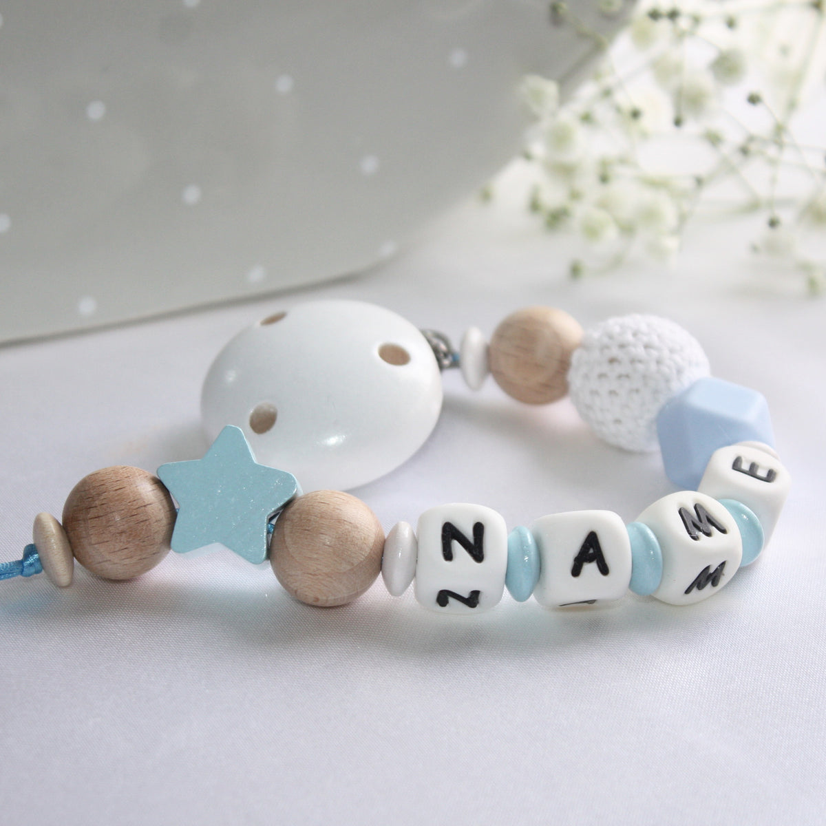Personalized Wooden Pacifier Clip – Blue Star Baby Gift , Silicone Dummy Clip