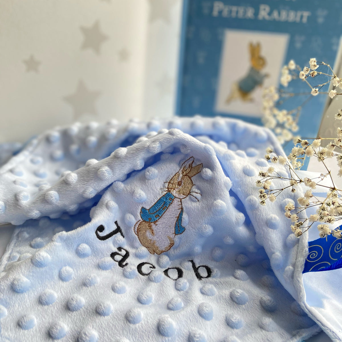 Personalised Peter Rabbit Baby Comforter, Satin Taggie Blanket - Blue