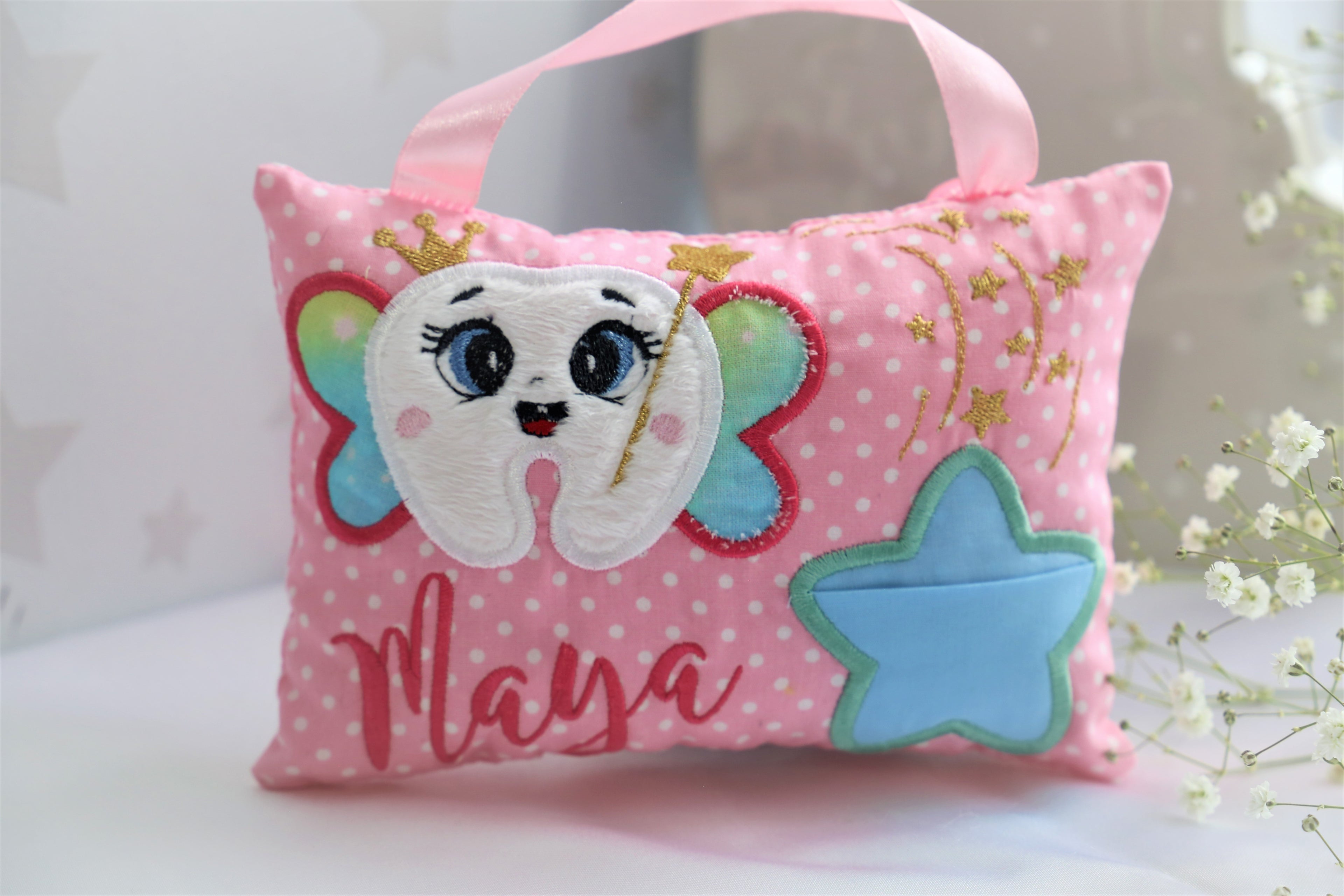 Personalised Tooth Fairy Pillow – Custom Name Kids Keepsake Cushion with Pocket & Door Hanger