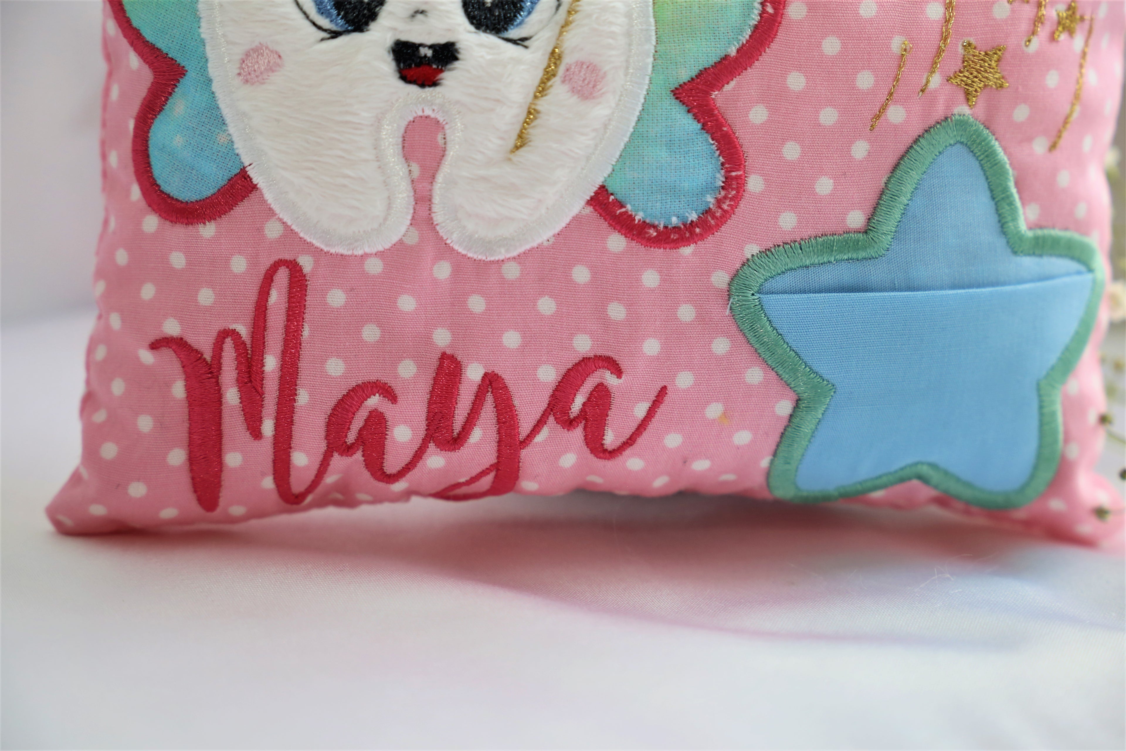 Personalised Tooth Fairy Pillow – Custom Name Kids Keepsake Cushion with Pocket & Door Hanger