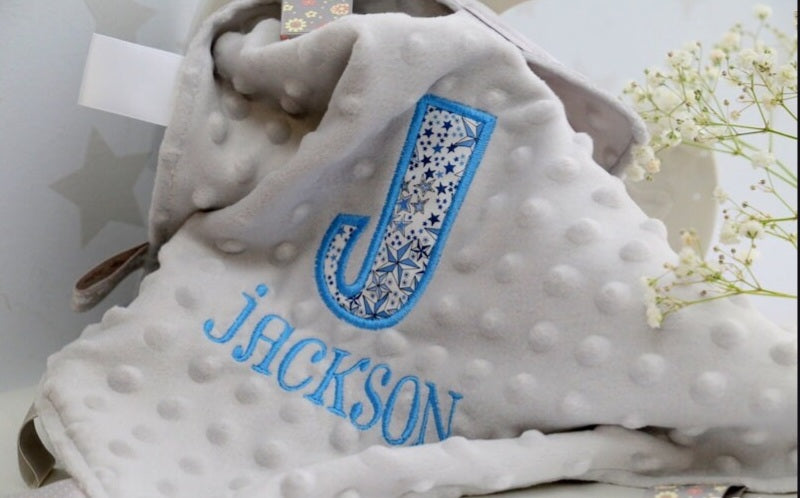 Personalised Baby Soft Dimple Comforter Taggy, taggie , Tag Blanket , Gift - GREY