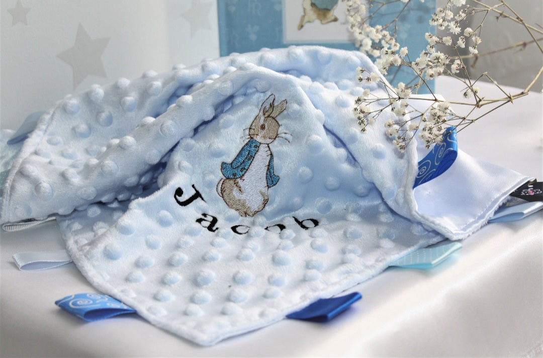 Personalised Peter Rabbit Baby Comforter, Satin Taggie Blanket - Blue