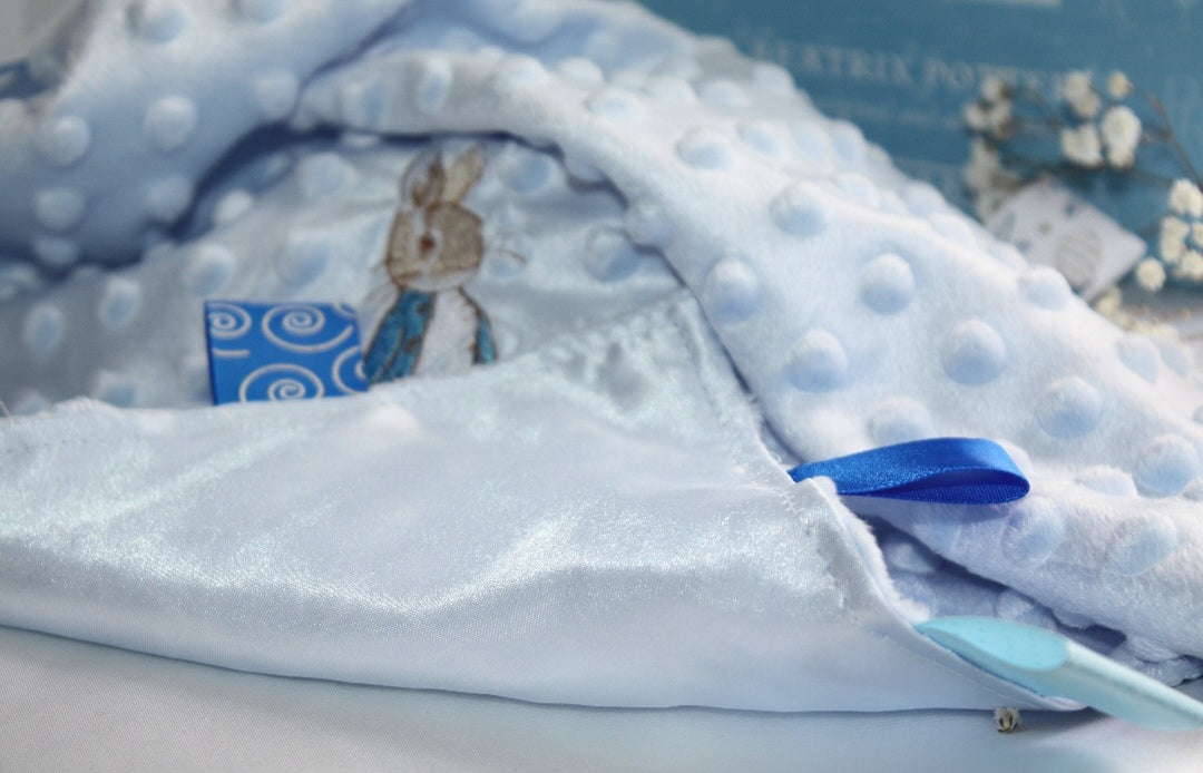 Personalised Peter Rabbit Baby Comforter, Satin Taggie Blanket - Blue