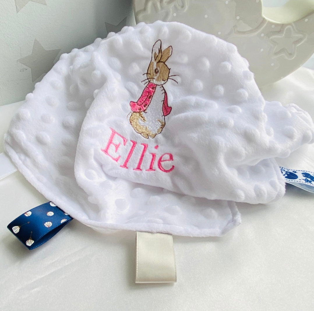 Personalised Flopsy Bunny Baby Comforter , Taggie comforter , Taggy, Comforter - WHITE
