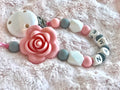 Personalised Wooden Dummy Clip – Silicone Rose Chain | Custom Name Baby Gift