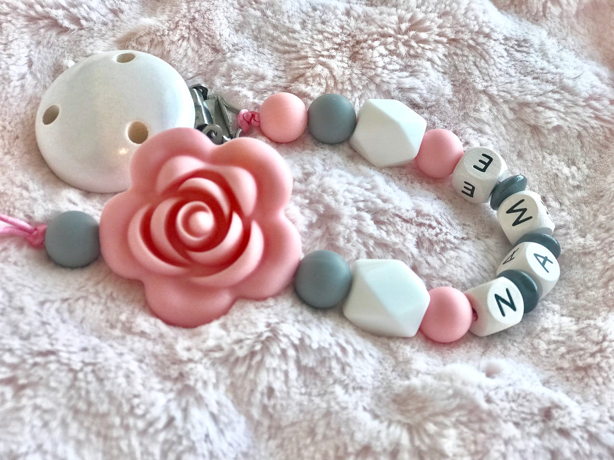 Personalised Wooden Dummy Clip – Silicone Rose Chain | Custom Name Baby Gift