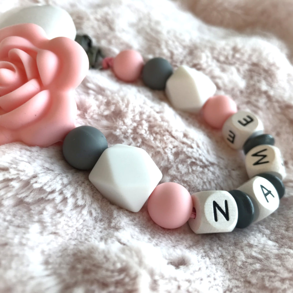 Personalised Wooden Dummy Clip – Silicone Rose Chain | Custom Name Baby Gift