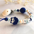 Personalised Wooden Dummy Clip – Navy Owl Baby Gift