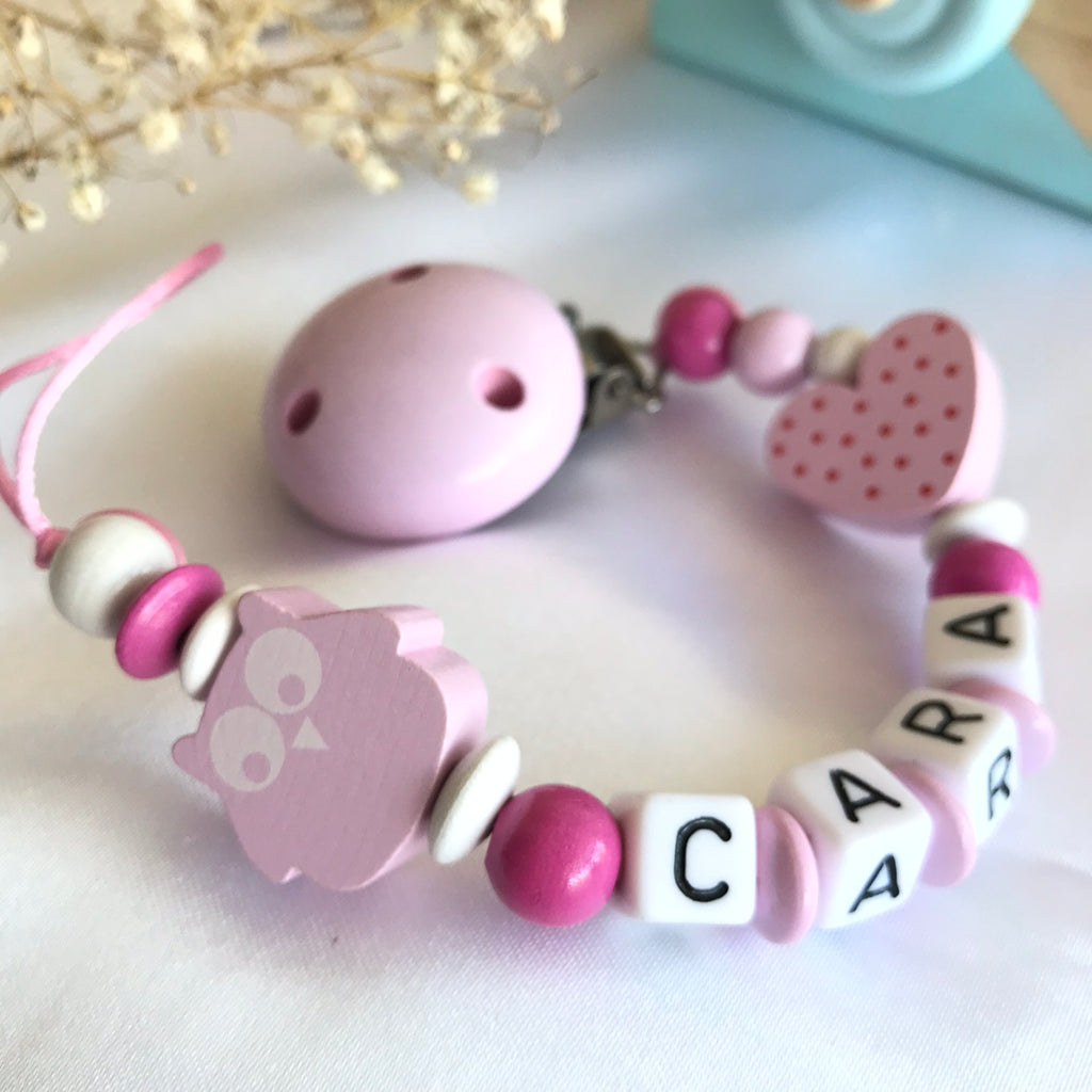 Personalised Wooden Dummy Clip – Pink Owl Baby Gift