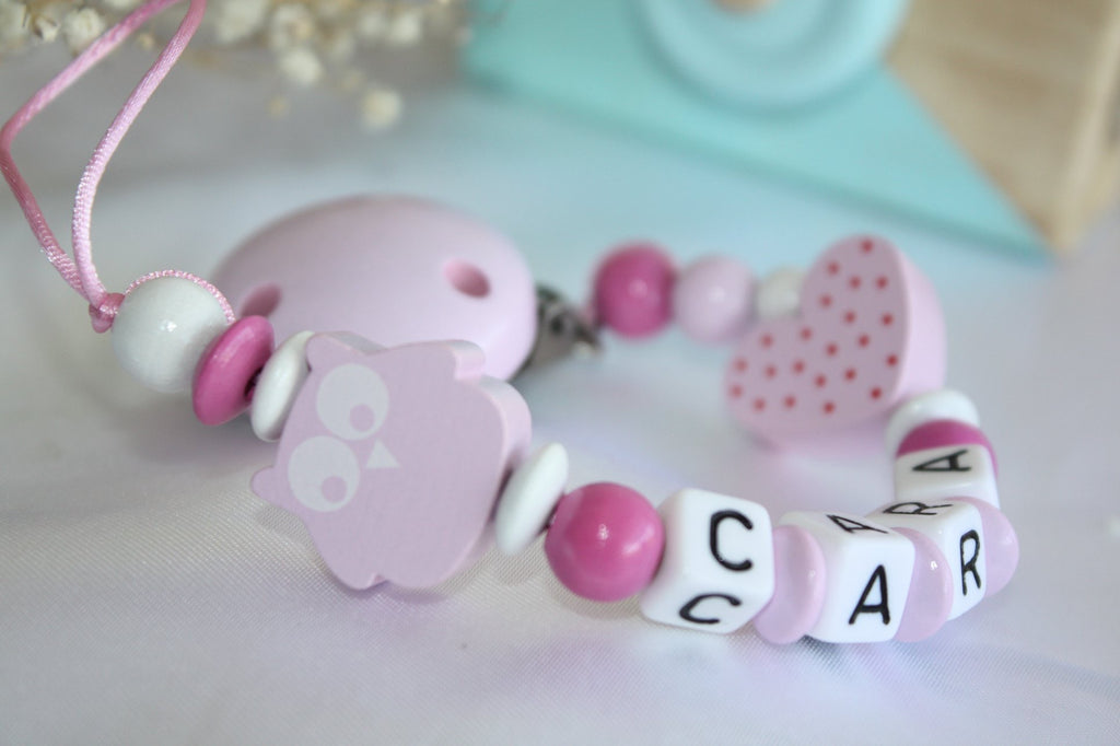 Personalised Wooden Dummy Clip – Pink Owl Baby Gift