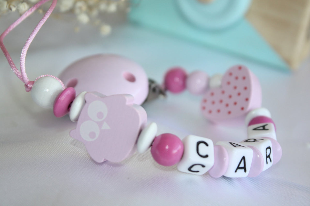 Personalised Wooden Dummy Clip – Pink Owl Baby Gift