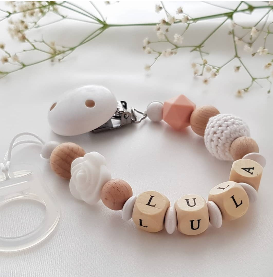 Personalized Wooden / Silicone Pacifier Clip – White rose Baby Gift