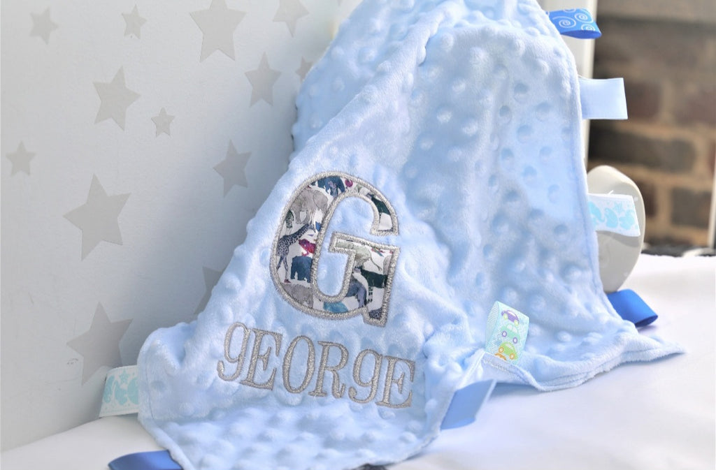 Personalised Baby Soft Dimple Comforter Taggy, taggie tag, Blanket Boy Gift - BLUE