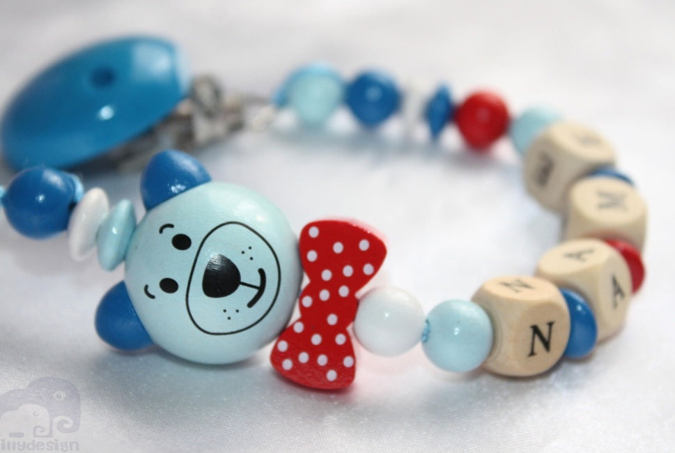Personalised Wooden Dummy Clip – Blue Cat with Bow Baby Gift