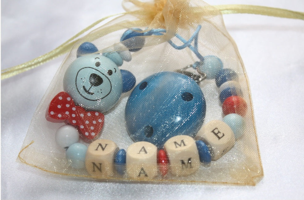 Personalised Wooden Dummy Clip – Blue Cat with Bow Baby Gift