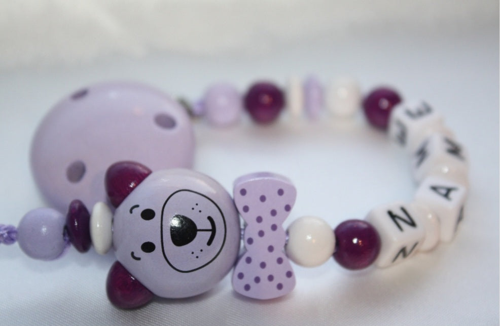 Personalised Wooden Bead Dummy Clip with Baby's Name – Purple Cat