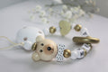 Personalised Wooden Dummy Clip – Gold Bear with Ring Baby Gift