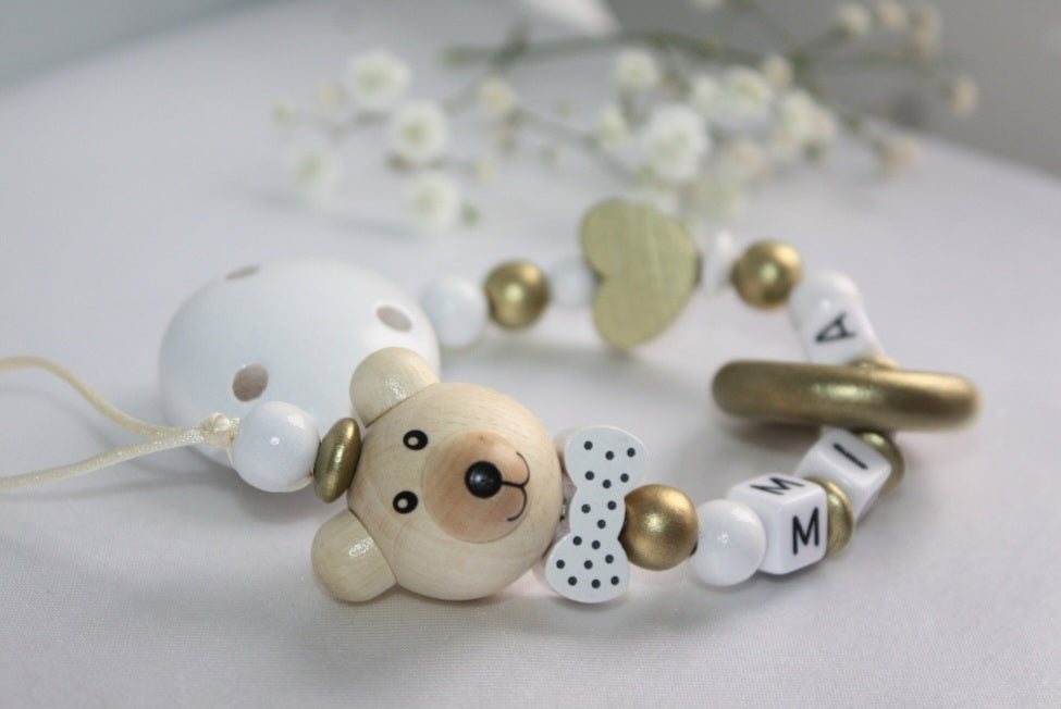 Personalised Wooden Dummy Clip – Gold Bear with Ring Baby Gift