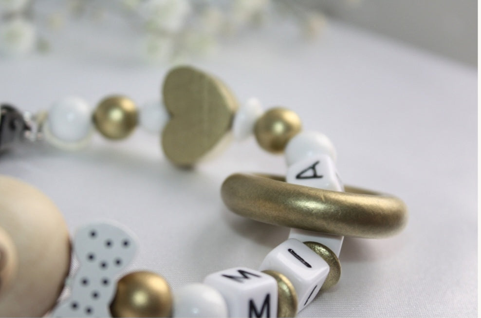 Personalised Wooden Dummy Clip – Gold Bear with Ring Baby Gift