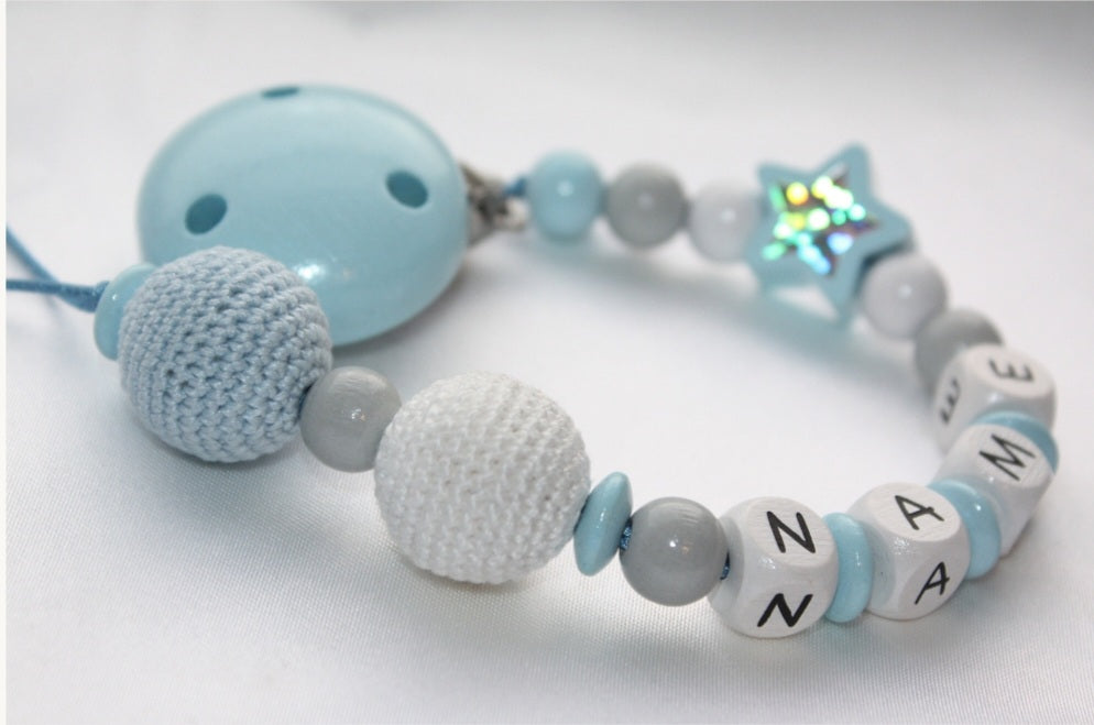 Personalised Wooden Dummy Clip – Blue Star Crochet Baby Gift