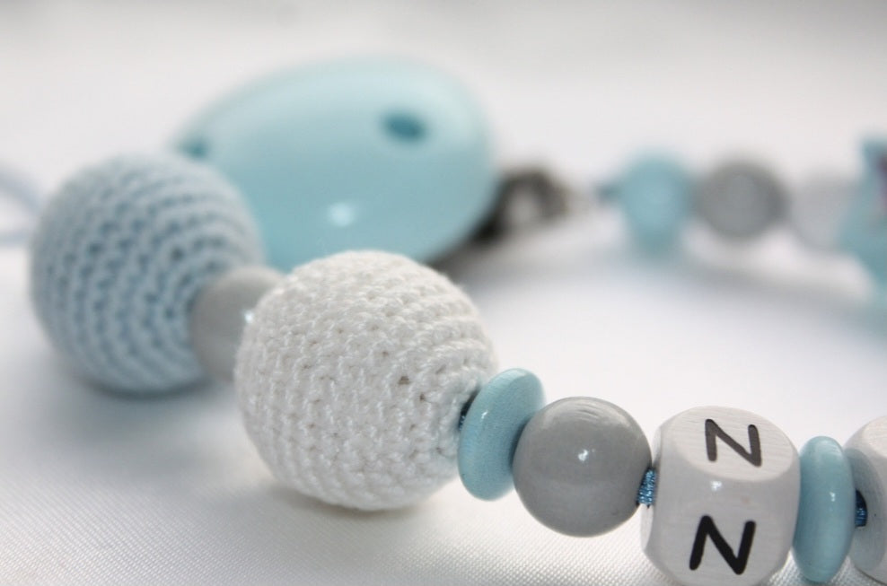 Personalised Wooden Dummy Clip – Blue Star Crochet Baby Gift