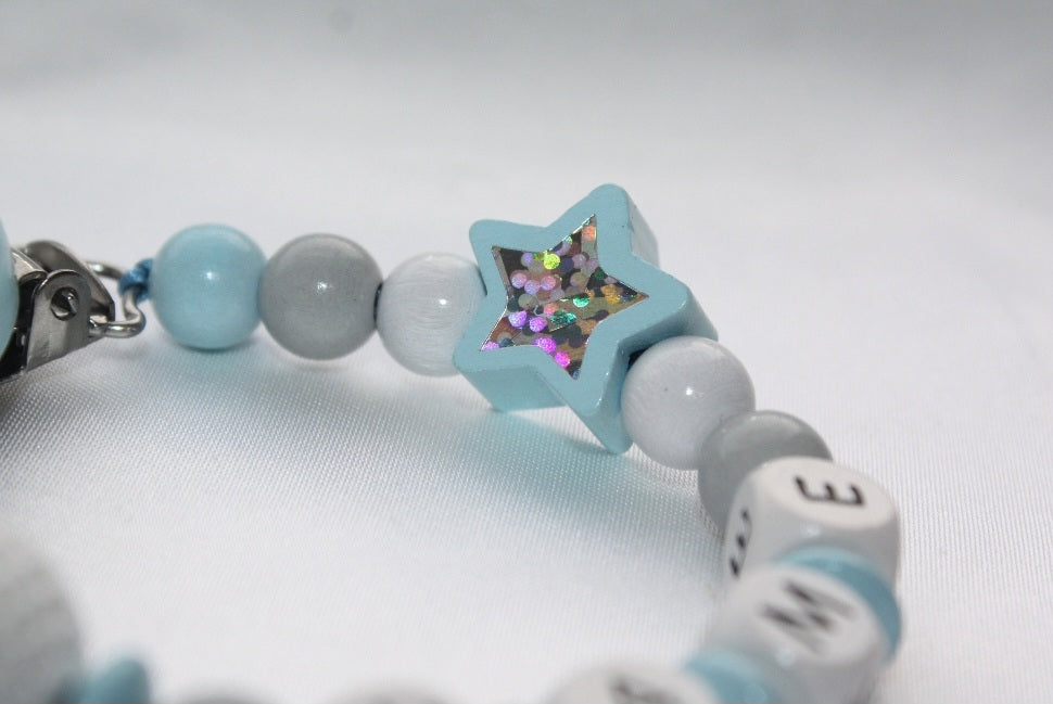 Personalised Wooden Dummy Clip – Blue Star Crochet Baby Gift