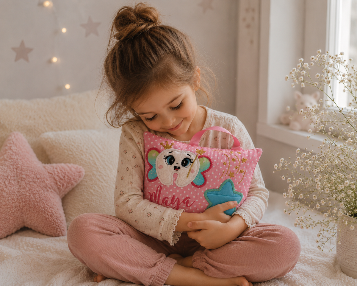 Personalised Tooth Fairy Pillow – Custom Name Kids Keepsake Cushion with Pocket & Door Hanger