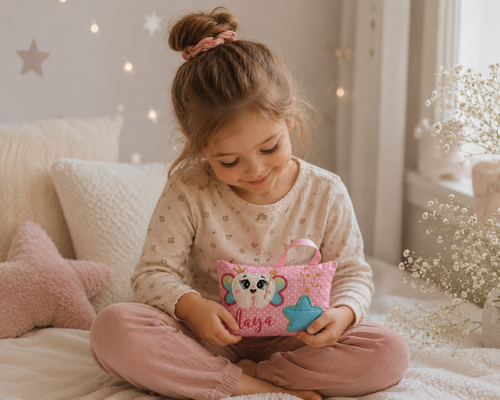Personalised Tooth Fairy Pillow – Custom Name Kids Keepsake Cushion with Pocket & Door Hanger