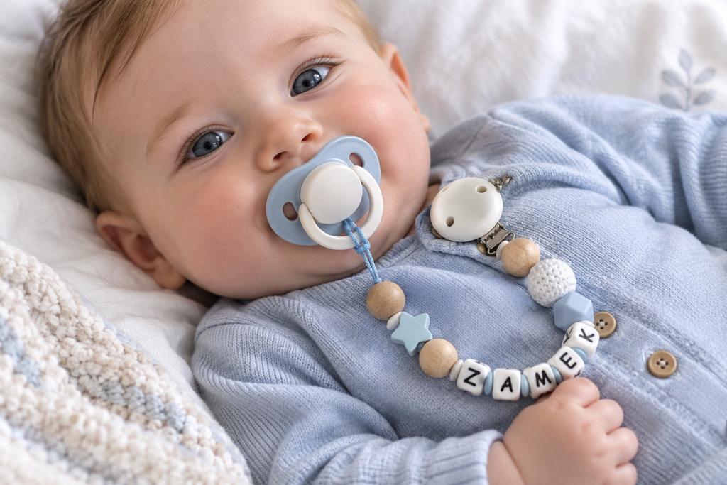 Personalized Wooden Pacifier Clip – Blue Star Baby Gift , Silicone Dummy Clip