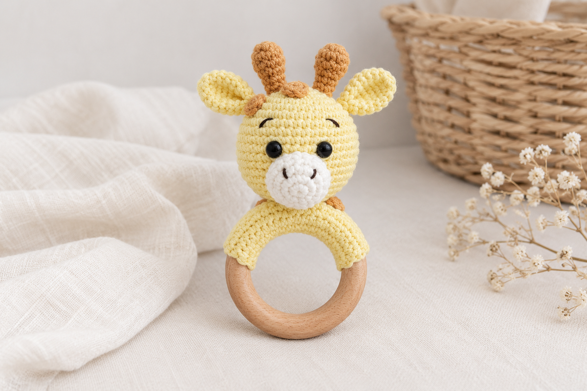 Handmade Crochet Giraffe Rattle – Beechwood Teether | Baby Shower Gift