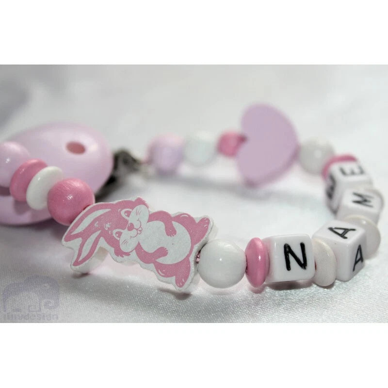 Personalised Wooden Dummy Clip – Pink Bunny- Teething Chain