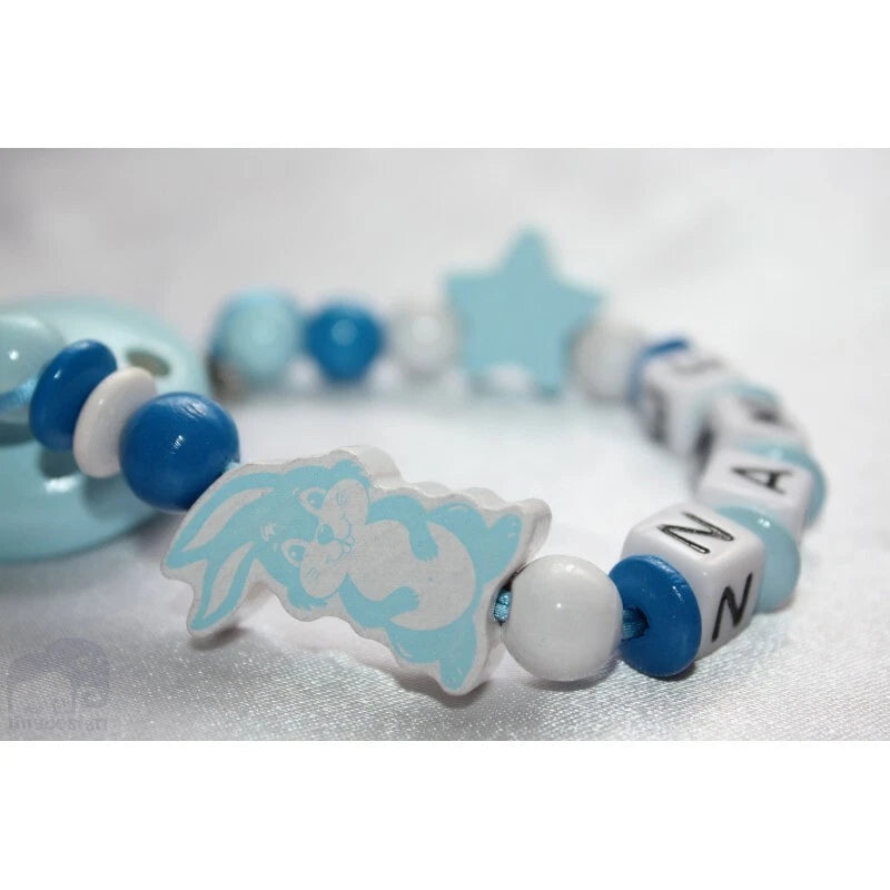Personalised Wooden Dummy Clip – Blue Bunny- Teething Chain